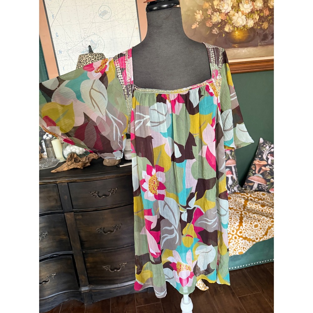 GZ Cover-Ups Floral Sequin Trim Mini Dress Swim Cover Up Green Pink Large
